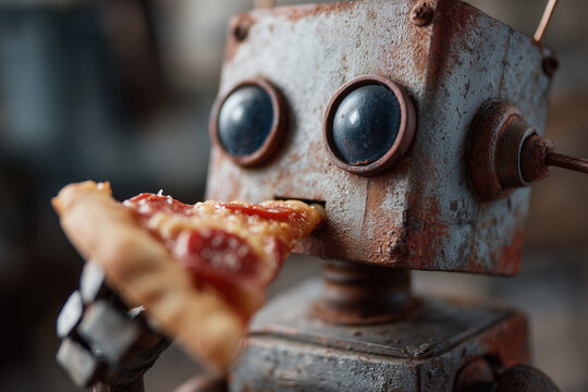 Rusty robot holds slice of pizza with round eyes, showing playful hunger. Scene blends nostalgia with modern tech charm. Great for ads, food blogs, or tech-themed content