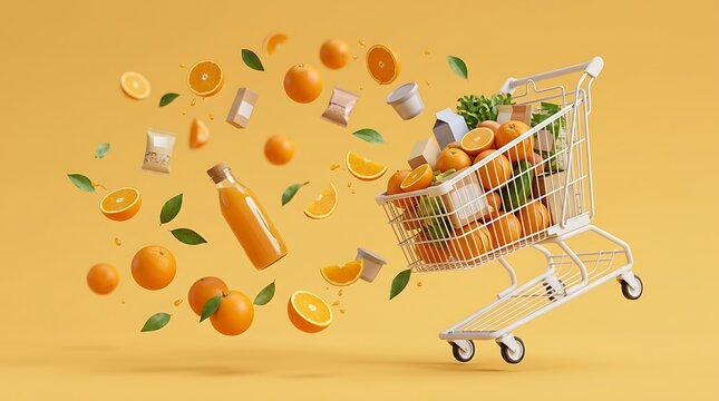 Keranjang belanja penuh dengan jus jeruk segar dan buah-buahan cerah di latar belakang kuning ceria