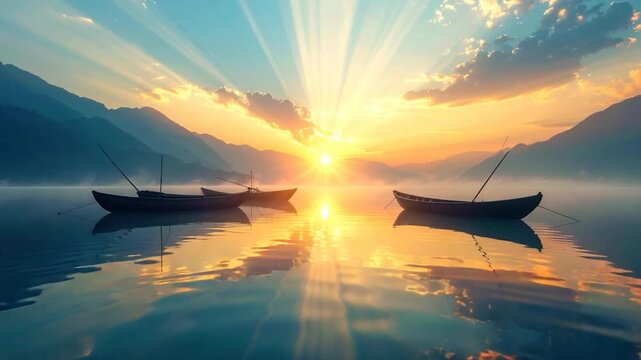 Scenic lake sunrise with boats, mountains, and sun rays