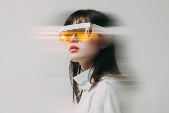 Young woman wearing futuristic yellow visor glasses with motion blur effect, modern style portrait on light gray background, technology and innovation concept.