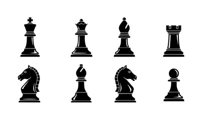 Modern glyph chess icons set with abstract king queen rook knight bishop and pawn symbols © HoriProshad