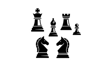 Chess pieces black silhouette icon set with king queen rook knight bishop and pawn in flat design © HoriProshad