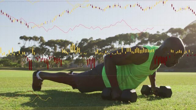 Mature man starting plank, lowering to push-up, rowing dumbbell while charts overlaying for fitness