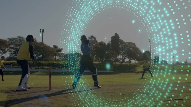 Cricket batter swinging bat, bowler delivering for runs, fielder chasing, teal overlay obscuring