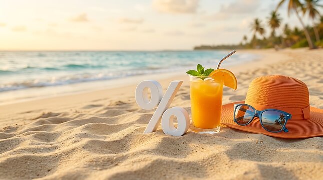 Liburan santai di pantai dengan minuman segar, aksesori gaya dan pemandangan laut saat matahari terbenam