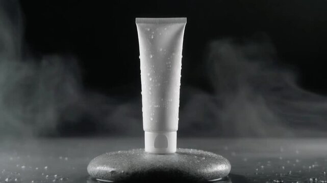 Close up white cosmetic tube on stone surface with water droplets and smoke against dark background with dramatic lighting