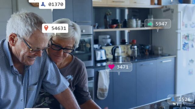 Vertical video: Tapping seniors in glasses checking phone in kitchen to read texts, badges stacking