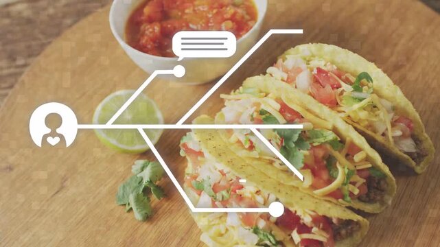 Left-side graphics appearing and moving across tacos, highlighting AI chat nodes for menu ideas