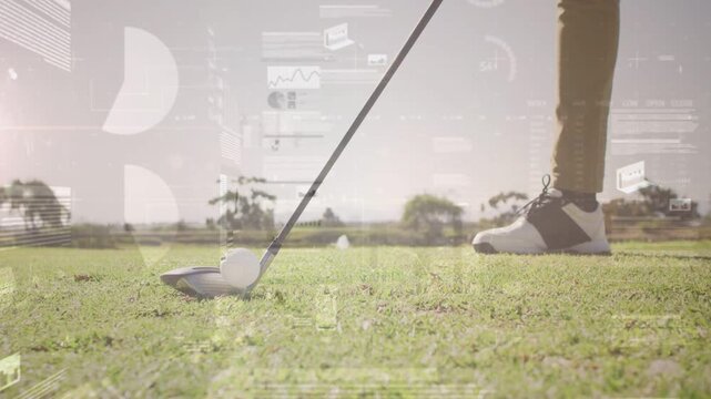 Male golfer drawing driver back on golf tee, swinging to launch ball as HUD displaying metrics