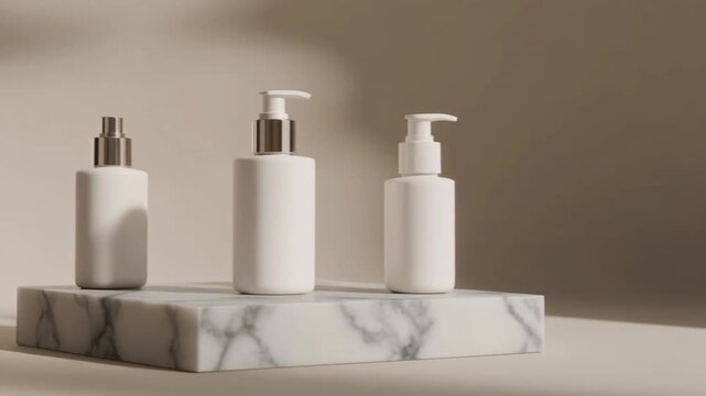 Close up three white cosmetic containers with silver and white dispensers on marble block against neutral background with soft lighting