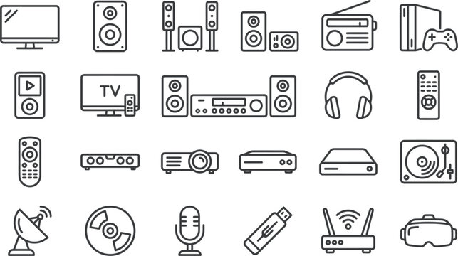 Collection of thin line icons representing modern consumer electronics and various multimedia communication devices for digital interfaces
