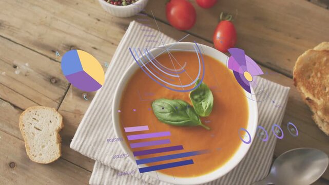 Infographics appearing over tomato soup, graphics morphing while camera zooming to highlight basil