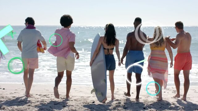 Travel group walking to ocean with board, causing blue shapes animating over group, heading to surf