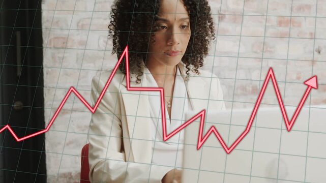 Businesswoman typing on laptop and initiating red zigzag line graph over grid, analyzing finance
