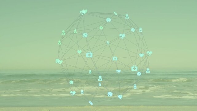 Spherical network overlay appearing above waves beach, rotating and reshaping heart icon for tech