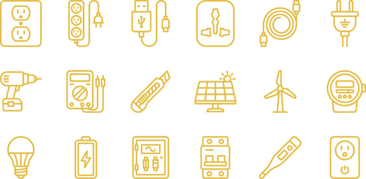 Modern set of yellow outline icons representing electricity, power, tools, and sustainable energy concepts.