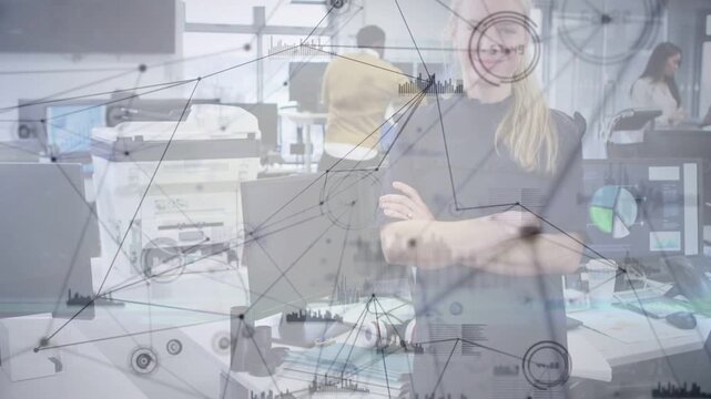 Woman centering while data overlay rising aligning targets over her and printer showing tech flow