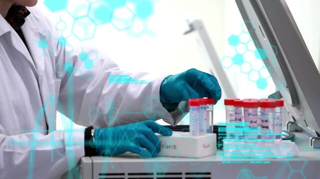 Lab tech reaching for red tube, loading centrifuge for test, teal overlays scrolling across hands