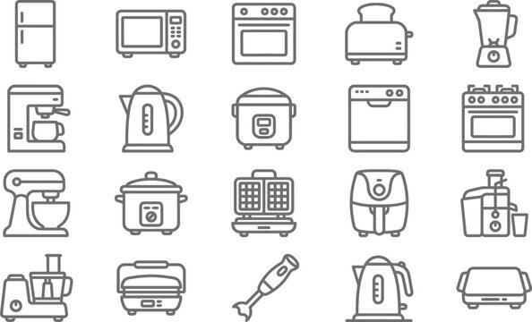 A comprehensive collection of modern kitchen appliances, represented by clean, simple line icons, perfect for home use.