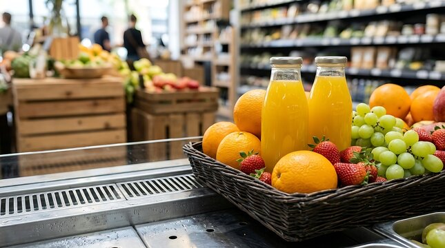 Tumpukan buah-buahan segar dalam keranjang di pasar swalayan modern