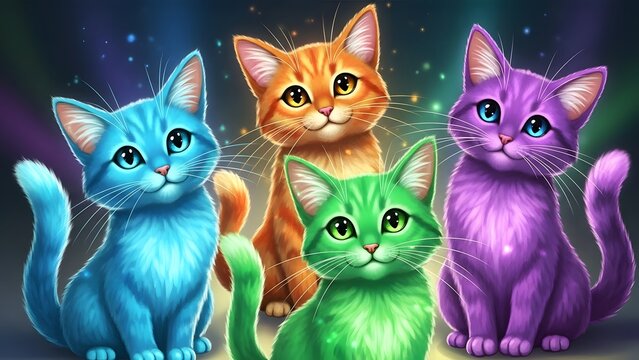 A charming quartet of vibrantly colored cartoon cats, each with sparkling eyes and a playful demeanor, set against a luminous, magical background, perfect for whimsical art
