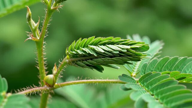 Mimosa Pudica Sensitive Plant Leaves Closing After Human Touch