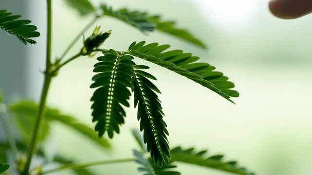 Finger Touching Sensitive Plant Mimosa Pudica Leaf Folding Reaction