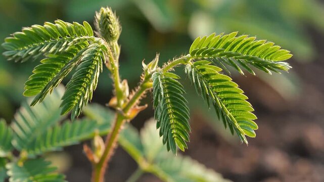 Mimosa pudica sensitive plant leaves opening in natural sunlight