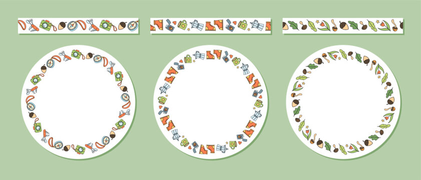 Colorful camping adventure border with doodle style frame seamless pattern set. Seamless outdoor camp set, hand drawn hiking, campfire, equipment, backpack and tent round border for camp and