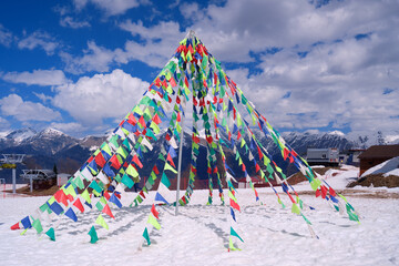 Tibetan prayer flags (lung-ta) at the Strela Mountain Park. Roza Khutor ski resort. Sochi. Russia © Serg Zastavkin