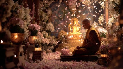 Fototapeta premium Buddhist monk meditating in floral temple with glowing Buddha statue