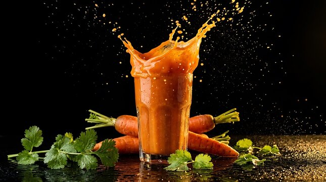 Segar dan Menyehatkan, Jus Wortel Segar dalam Gelas dengan Tetesan Jus dan Daun Ketumbar di Sekitar
