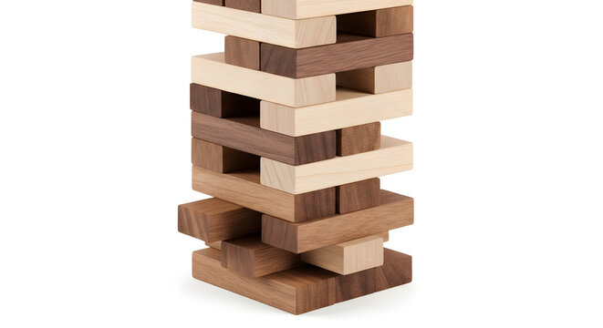 Wooden blocks stacked high in a precarious tower structure game