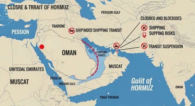 A geopolitical map illustrating the strategic maritime chokepoint of the strait of hormuz region.