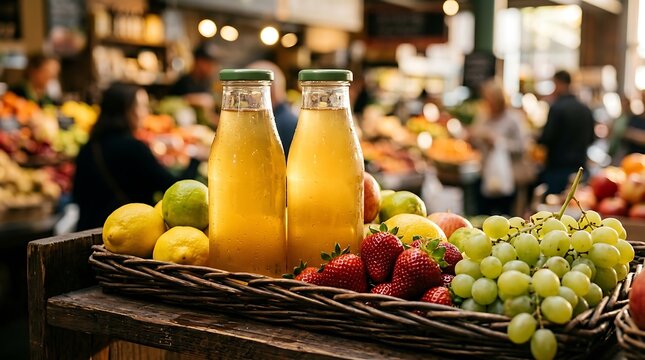 Segar dan alami, dua botol jus buah di pasar tradisional penuh warna