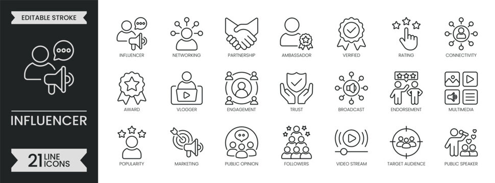 Influencer outline icon set. Containing social media, content, creator, engagement, networking, partnership, broadcast, audience, promotion and more. Editable stroke icons pack. Vector illustration