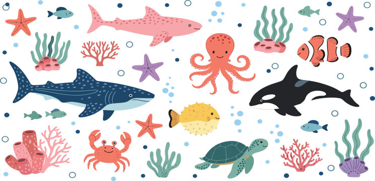 Marine life and coral reef vector kit featuring whale shark orca octopus and sea turtle for nursery murals and ocean education in a flat style.