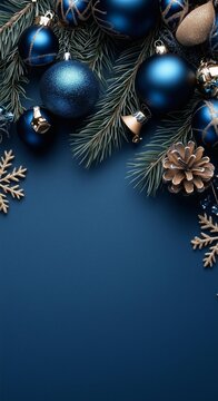 Elegant merry christmas greting card with blue ornamnts for holiday season on ark blue background