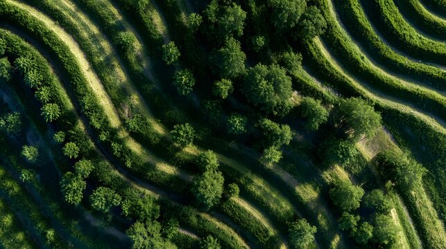 natural growth elements arranged evenly across terrain as the main subject + open agricultural environment with consistent spacing + gentle daylight with balanced exposure + aerial view using 32mm len