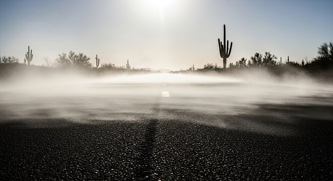 Lone cactus stands tall in a foggy desert landscape during early morning sunlight breaking through misty atmosphere