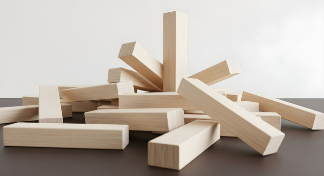 Wooden blocks scattered on table in chaotic pile structure