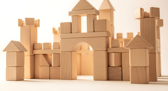 Wooden toy castle made of blocks on white background for kids