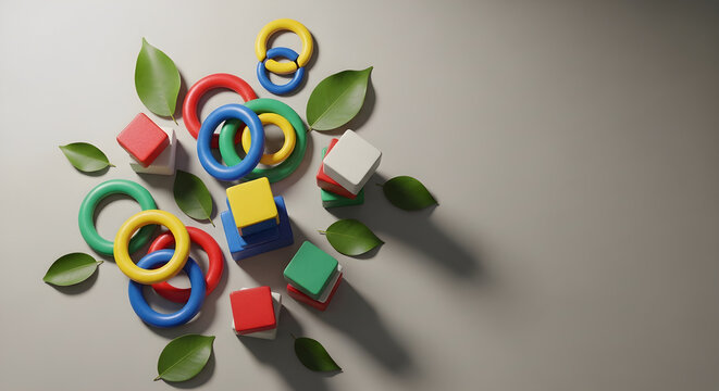 Colorful vector illustration of blocks and rings with leaves on a gray background for design and creative concepts in modern business and education settings easily
