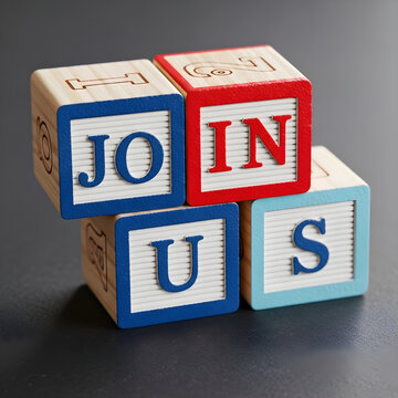 Colorful wooden blocks spelling join us with letters on surface