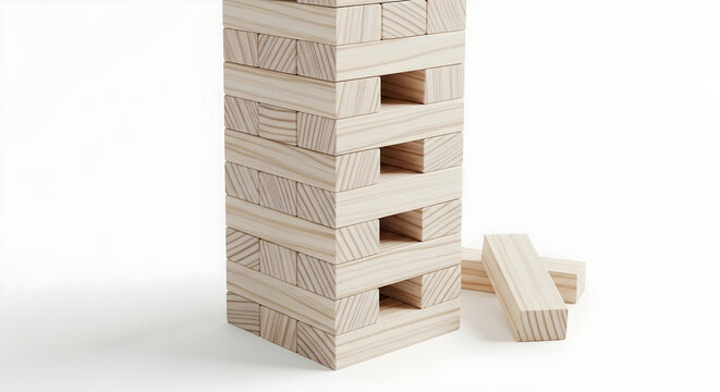 Wooden blocks stacked high with some pieces removed vector illustration