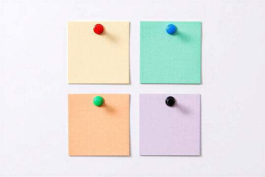 Four Pastel Sticky Notes Pinned on a White Background, Top View