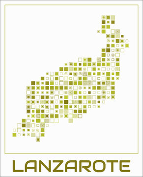 Lanzarote digital style map. Large square dots on white background. Dotted shape of the island. Lanzarote map and title. Classy vector illustration.