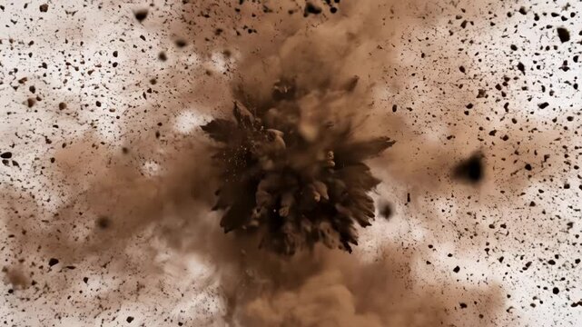Explosion of brown dust particles isolated on white background