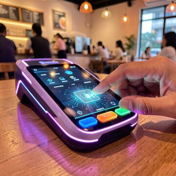 Bio integrated palm chip payment at futuristic cafe