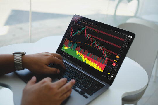 Bangkok, Thailand. April 20, 2026; A person is using a laptop to perform technical analysis on a financial stock market chart via the TradingView online platform.